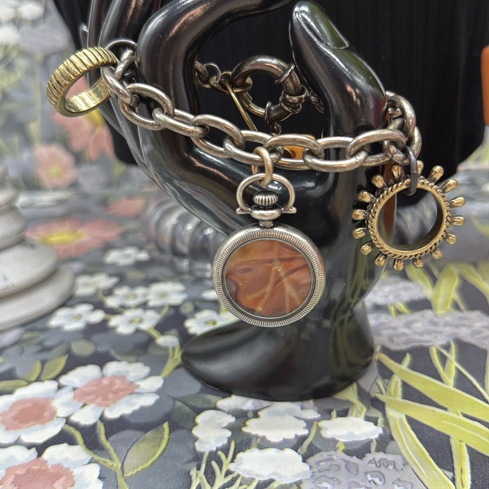 ⭐️Adorned Crown Jewelry assemblage mixed metal leather steampunk charm bracelet
